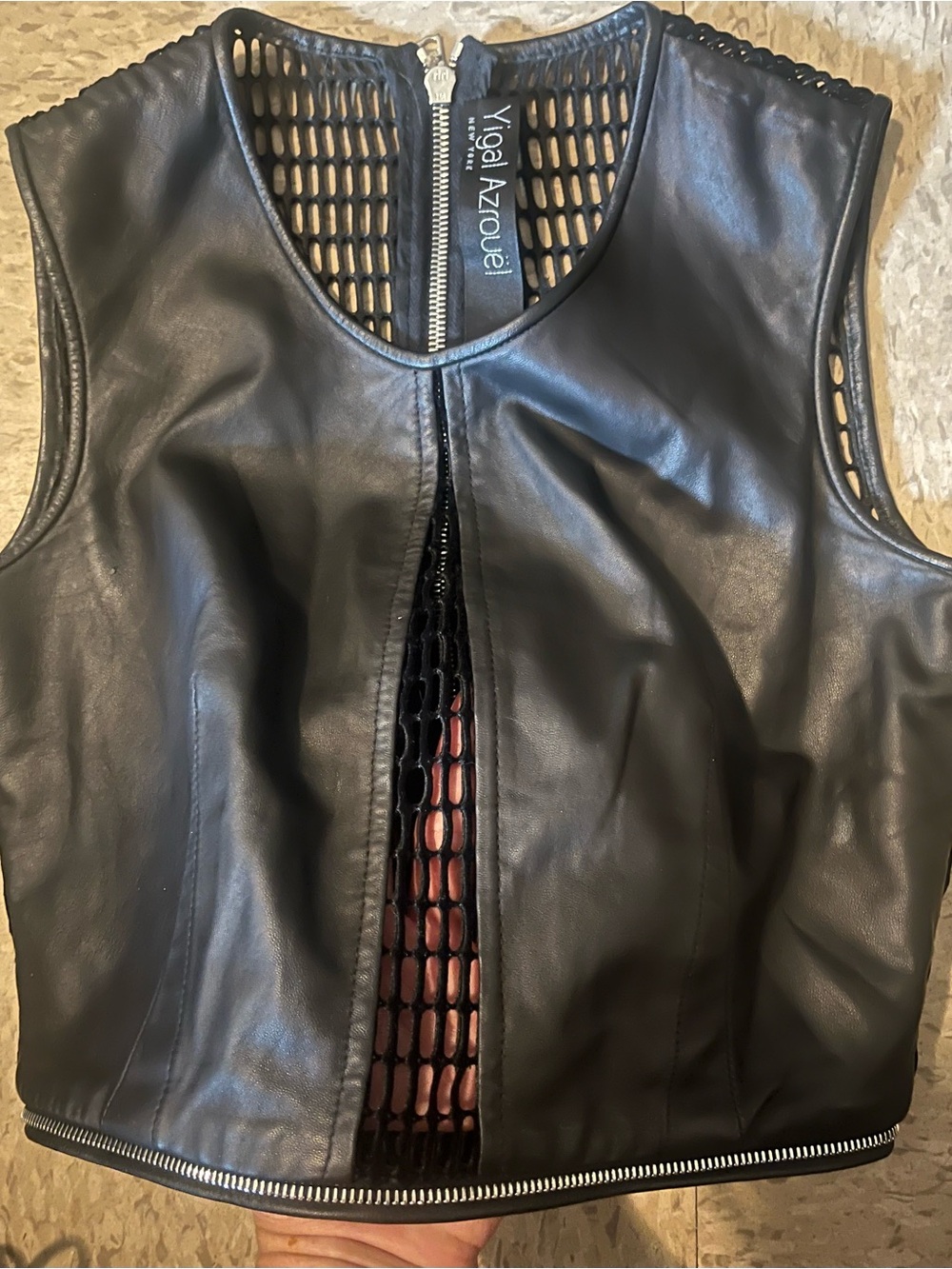 Yigal Azrouel Black Leather Tank with Mesh Inset